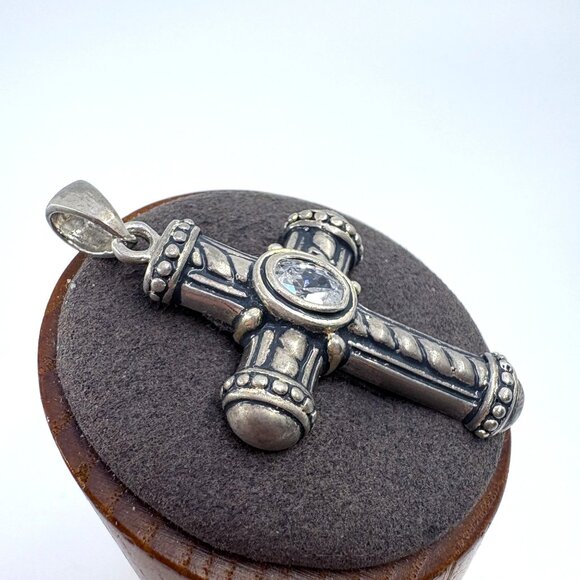 VTG Sterling Silver 925 Oval Cubic Zirconia Cross Pendant Size 1.75" Length - Picture 2 of 9